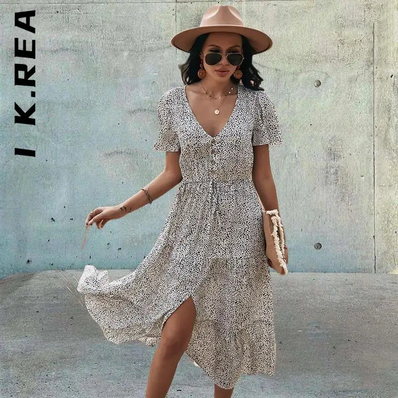 

Платье женское летнее эластичное в горошек с оборками