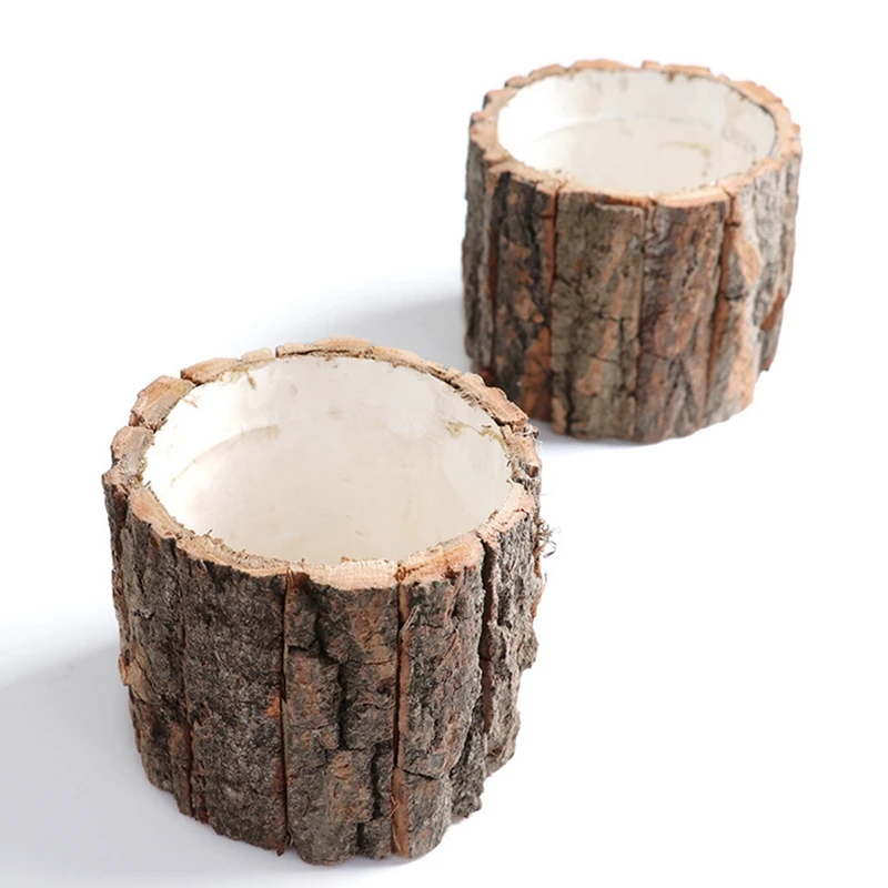 

2PCS Wooden Plant Pot Vintage Round Table Decorative Style Wooden Flowerpot Fake Tree Bark Succulent Plants Container