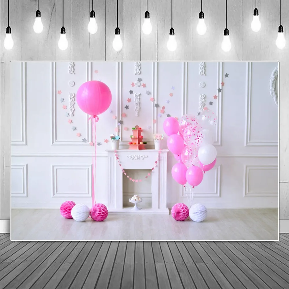

DIY Birthday Party Photography Backgrounds Simple Pink Balloons White Wall Wooden Floor Children Backdrops Photographic Portrait