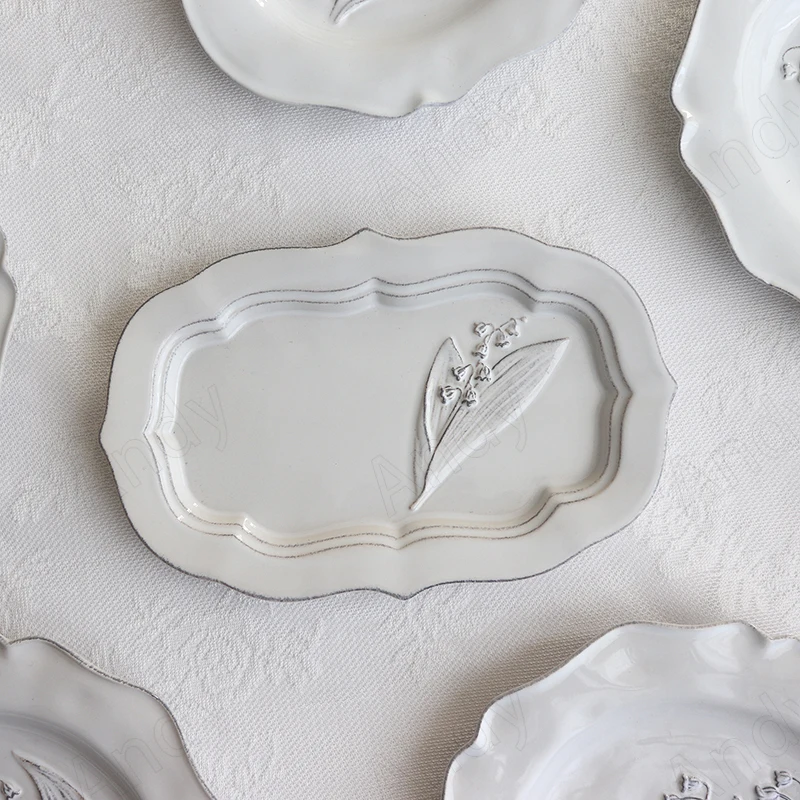 

Modern Ceramic Plate Vintage Relief Lily of The Valley Decorative Fruit Salad Plates Western Restaurant Desktop Steak Dishes