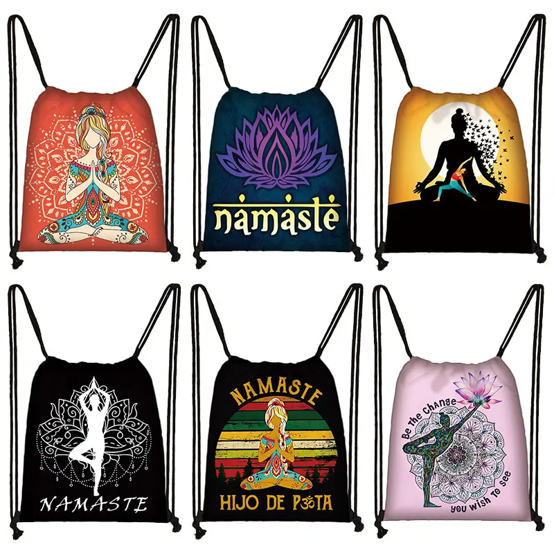 

Yoga Namaste Mandala Lotus Printing Drawstring Bag Buddha Chakra Meditation Canvas Storage Bags Women Rucksack Shoes Holder Gift