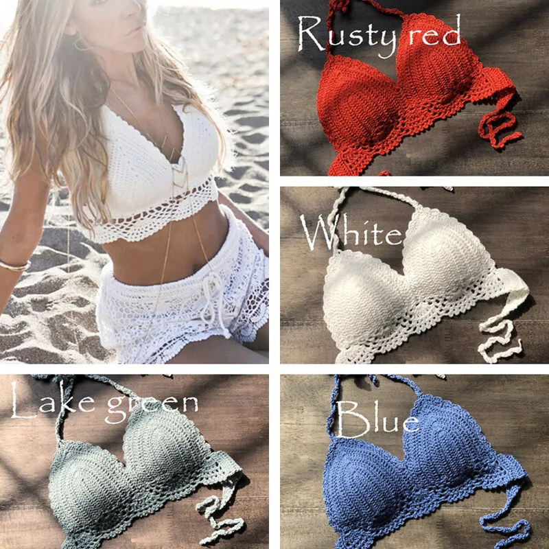 

Sexy Solid Color Bikini Tops Handmade Crochet Boho Beach Bralette Halter Knitted Swimsuits Casual Triangle Bikinis Bathing Suit