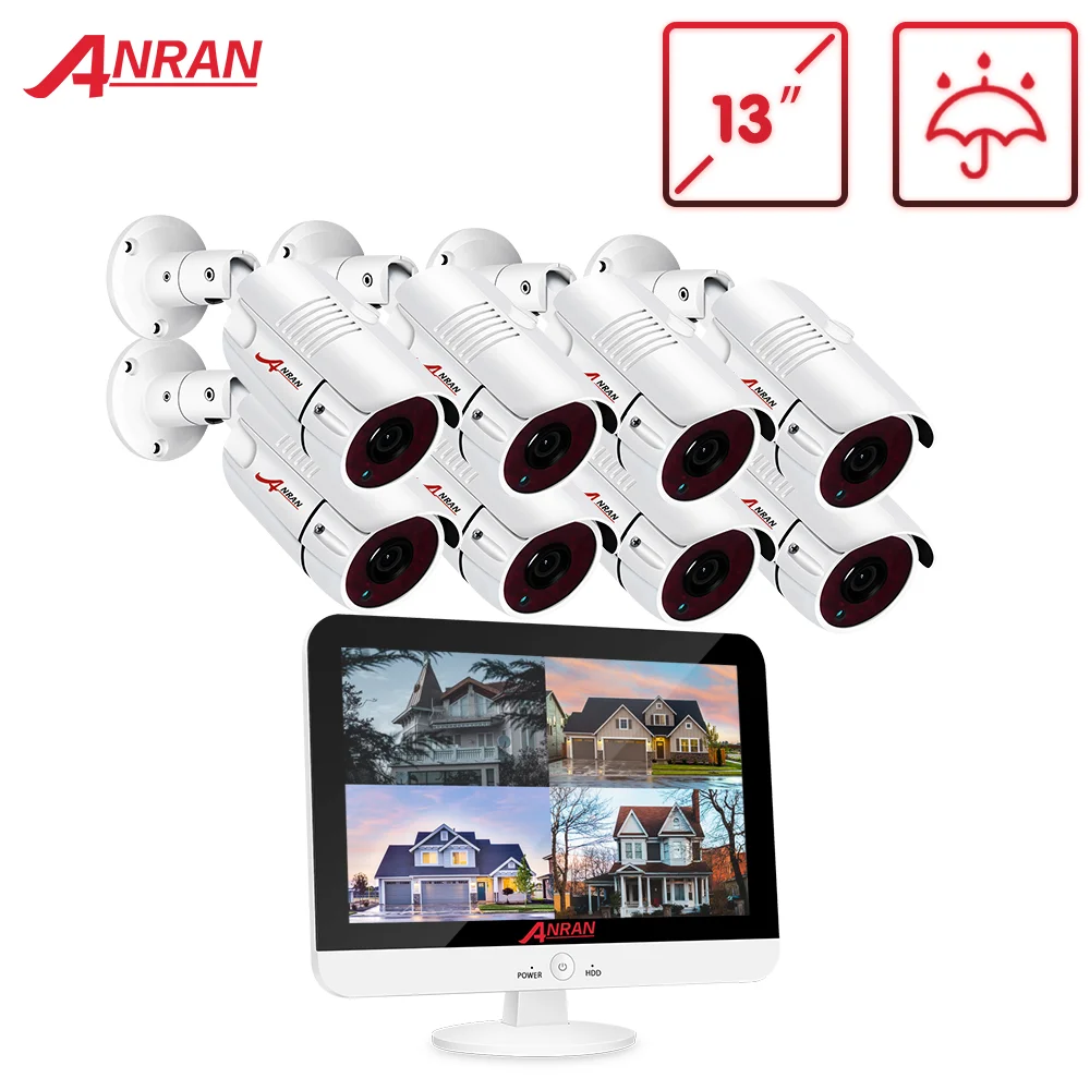 ANRAN 13 pulgadas 8CH DVR Sistema de vigilancia de vídeo AHD Sistema de cámara de seguridad HD analógica Kit de cámara de seguridad al aire libre 1080P IR de visión nocturna