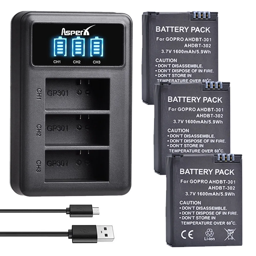AHDBT-301 Battery  AHDBT301 Bateria For Gopro Hero 3 3+ Go Pro Hero3+ Hero3 USB LED Smart Charger For GoPro Camera accessories