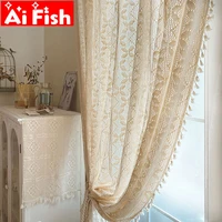beige retro vintage cotton hollow leaves crochet bedroom curtains with side tassels voile tulle curtains for living room drape4