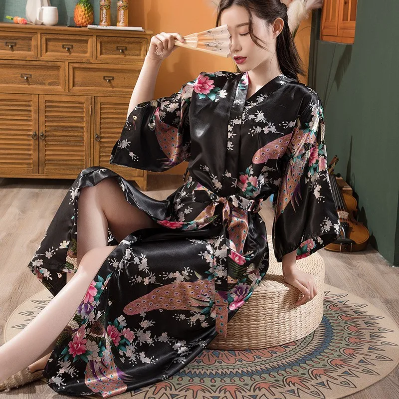 

Print Chinese Women Silk Rayon Robes Long Sexy Nightgown Yukata Kimono Bath Gown Sleepwear Plus Size Bathrobes Intimate Lingerie