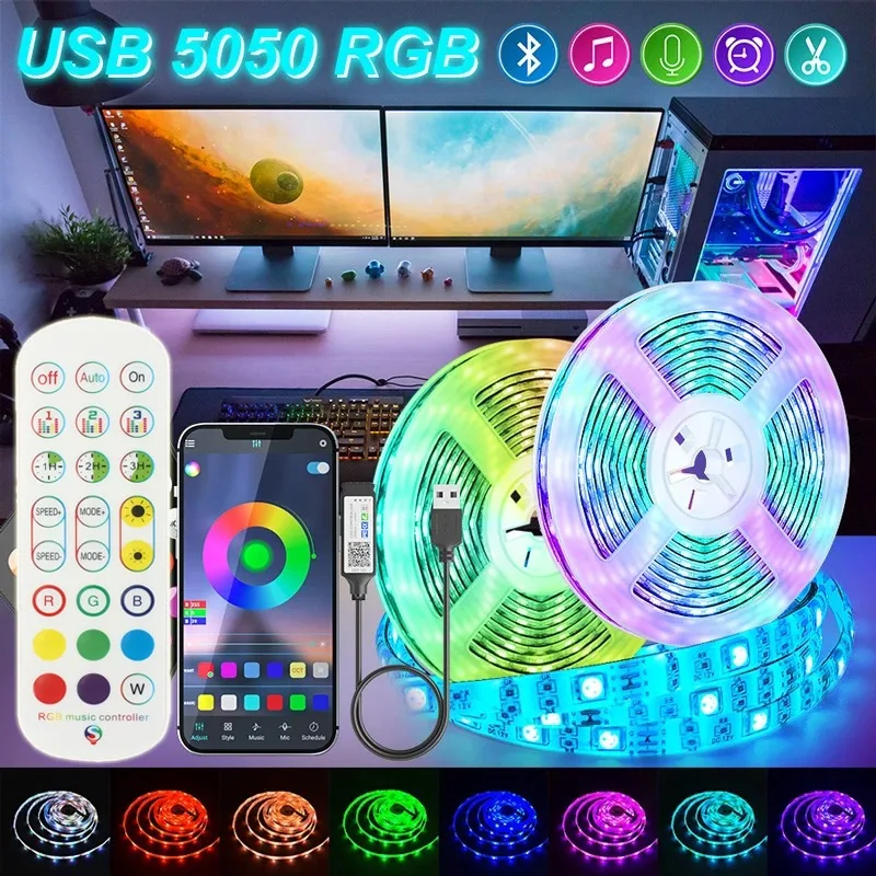 

1-10M Led Strip Lights 5050 RGB Bluetooth Control USB 5V Led Strip Flexible Ribbon Diode Color Changing TV BackLight Room Decor