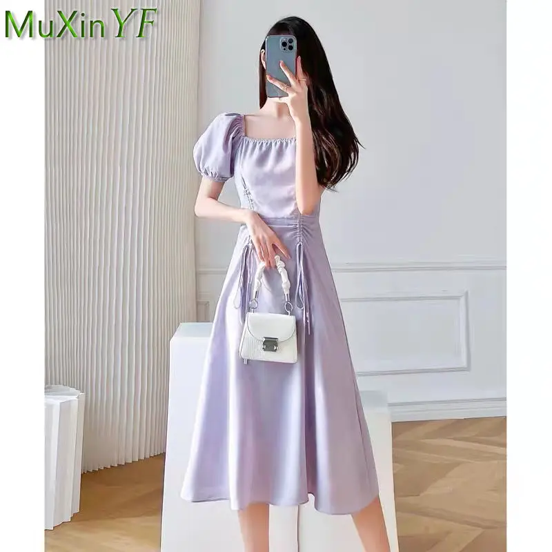 

Женское платье с квадратным вырезом, элегантное романтическое фиолетовое платье в Корейском стиле с рукавами-фонариками, вечерние чное пла...