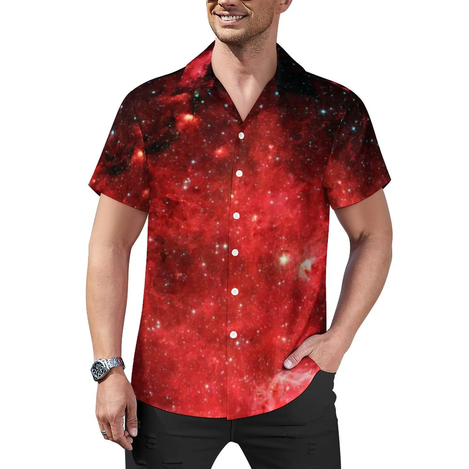 

Red Galaxy Sky Loose Shirt Man Vacation North America Nebula Casual Shirts Summer Printed Short Sleeve Fashion Oversized Blouses