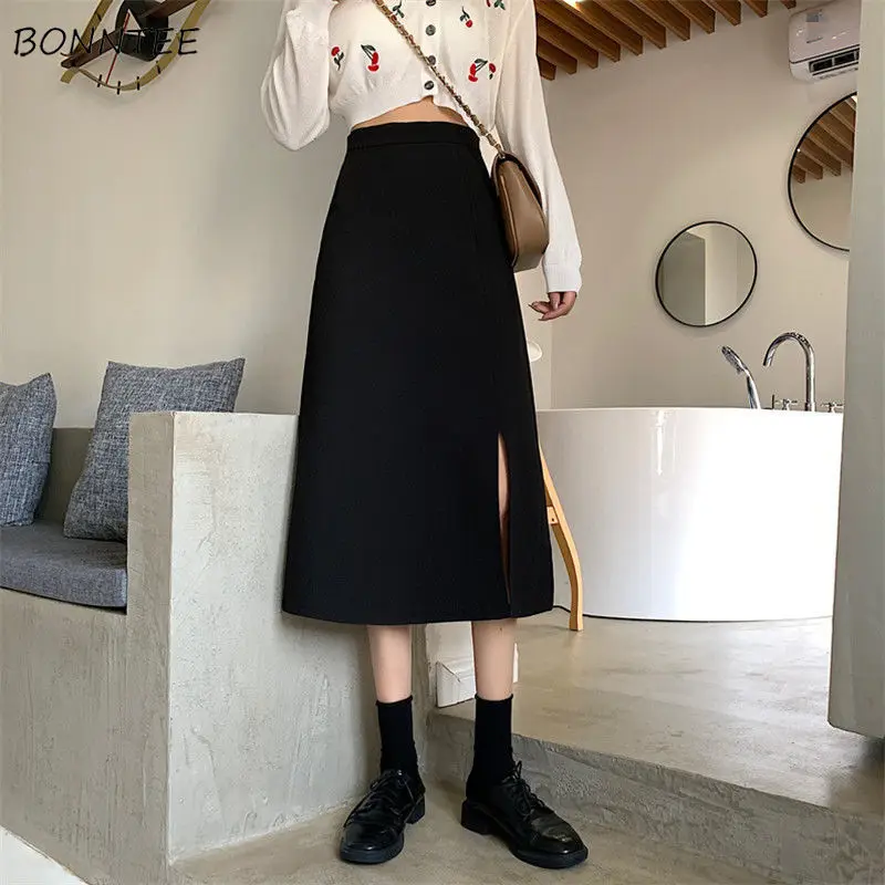 

Skirts Women Solid Side Slit Black Large Size 4XL A-Line Midi Design Stylish All-match Feminino Bottom Empire Breathable Soft BF