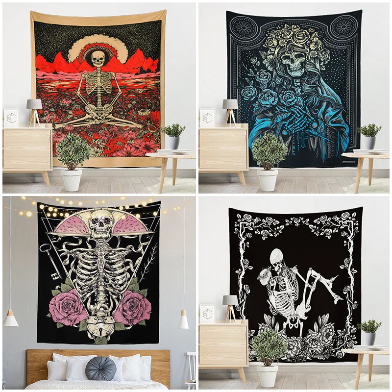 

Witch Halloween Horror Skeleton Ghost Psychedelic Mandala Tapestry Retro Wall Hanging Home Bedroom Aesthetics Room Decoration