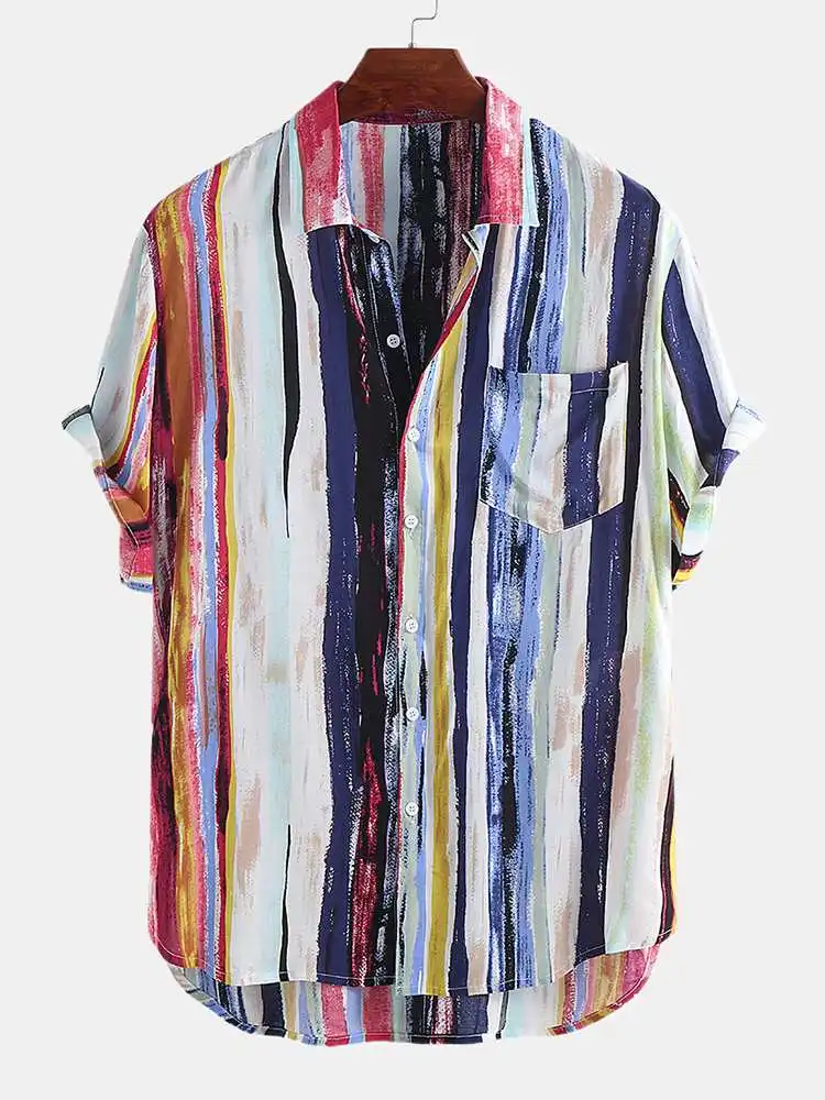 

ChArmkpR 2023 Summer Men's Multi Color Graffiti Chest Pocket Round Hem Shirts Male Loose Short Sleeve Blouse Chemise Tops Tees