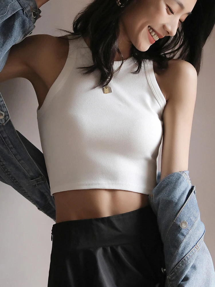 2022 Knitted Women's Vest Halter Tanks White Crop Top Ribbed Female Sexy Short Casual Fitness Basic Off Shoulder Summer Clothing |