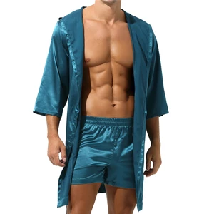 Men Hooded Robe Set Silk Satin Night Gown Sleep Bathrobe Matching Couple Party Groom Robe Pajama Sle