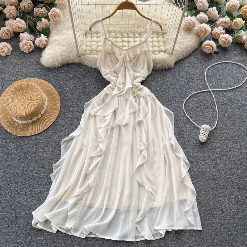 

French High Waist Thin Seaside Holiday A-line Dress Women New Fashion Summer V Neck Sleeveless Elegant Clothes Vestidos G941