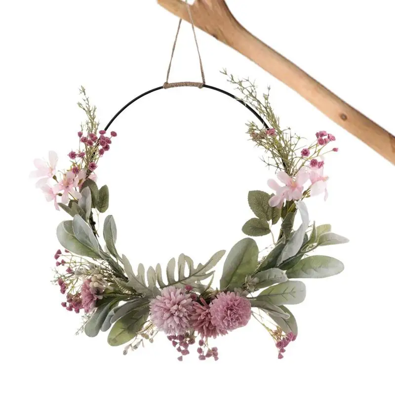 

Spring Wreath Pink Purple Orchid Dandelion Gypsophila Hoop Wreath Colorful Farmhouse Door Hanger for Home Decorations