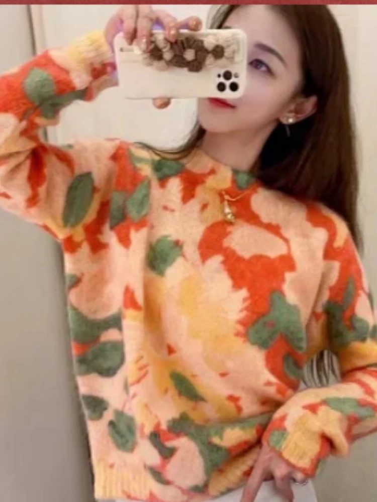 

Autumn Winter Women Floral Sweater Pullover Long Sleeve Round Neck Mohair Blend Soft Knitwear