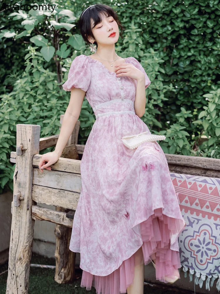 

Женское платье принцессы Mori Girl, летнее платье с V-образным вырезом, пэчворк, принтом бабочки, Тюлевое платье с пышными рукавами, шикарное Бан...