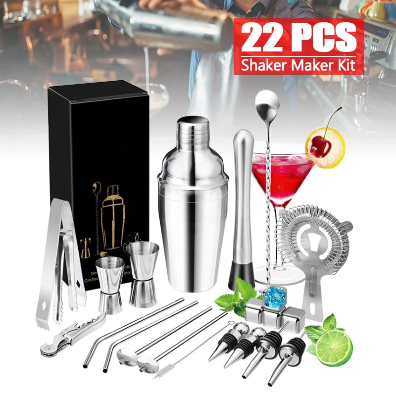 

22Pcs/Set Stainless Steel Cocktail Shaker Set Mixer Bartender Kit Drink Wine Mixer Set Cocktail Utensils Shaker Party Bar Tool