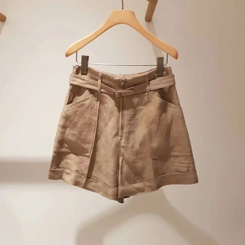 

Women Shorts Belt Pockets Casual Pants
