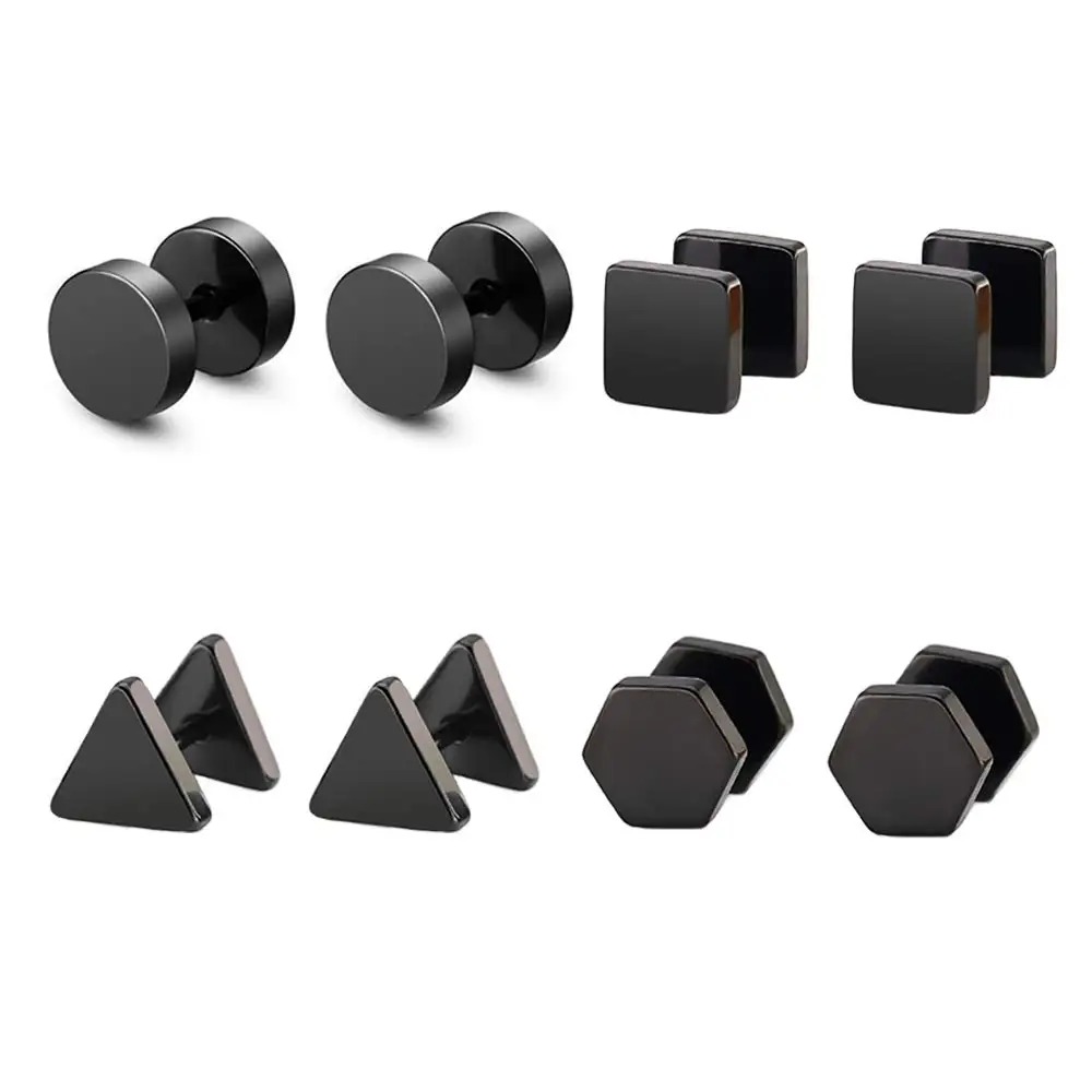 

4 Pairs Round Square Triangle Hexagon Stud Earrings Stainless Steel Piercing Fun Cute Women Men Gift