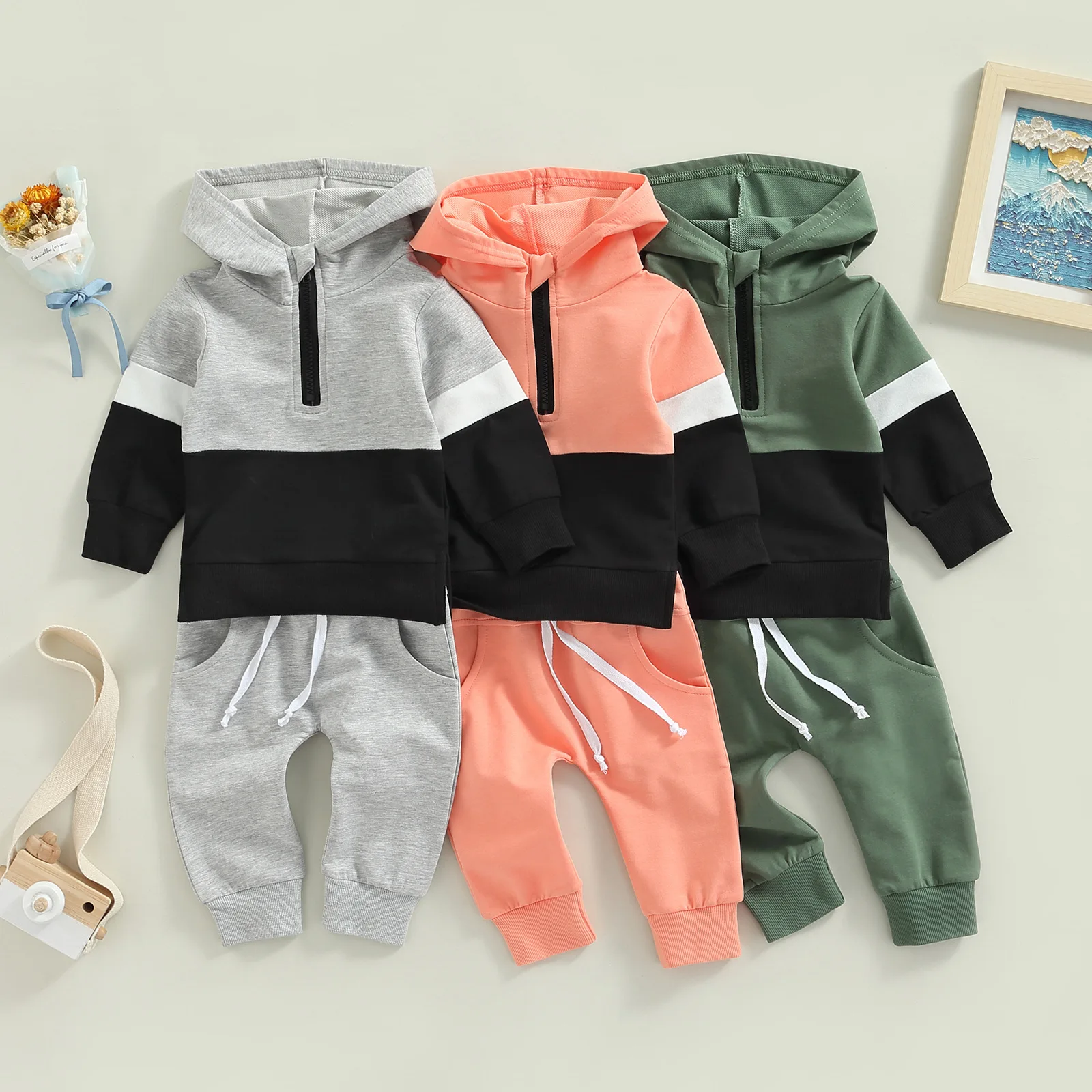 

0-3Yrs Infant Boys Hooded Clothes Outfits Casual Long Sleeve Tops Pants 2Pcs Spring Autumn Baby Boys Patchwork Clothing Set