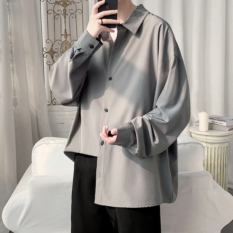 

Black Long-sleeved Shirts Men Korean Oversized Shirts Comfortable Blouses Casual Solid Color Loose Single Breasted Shirt