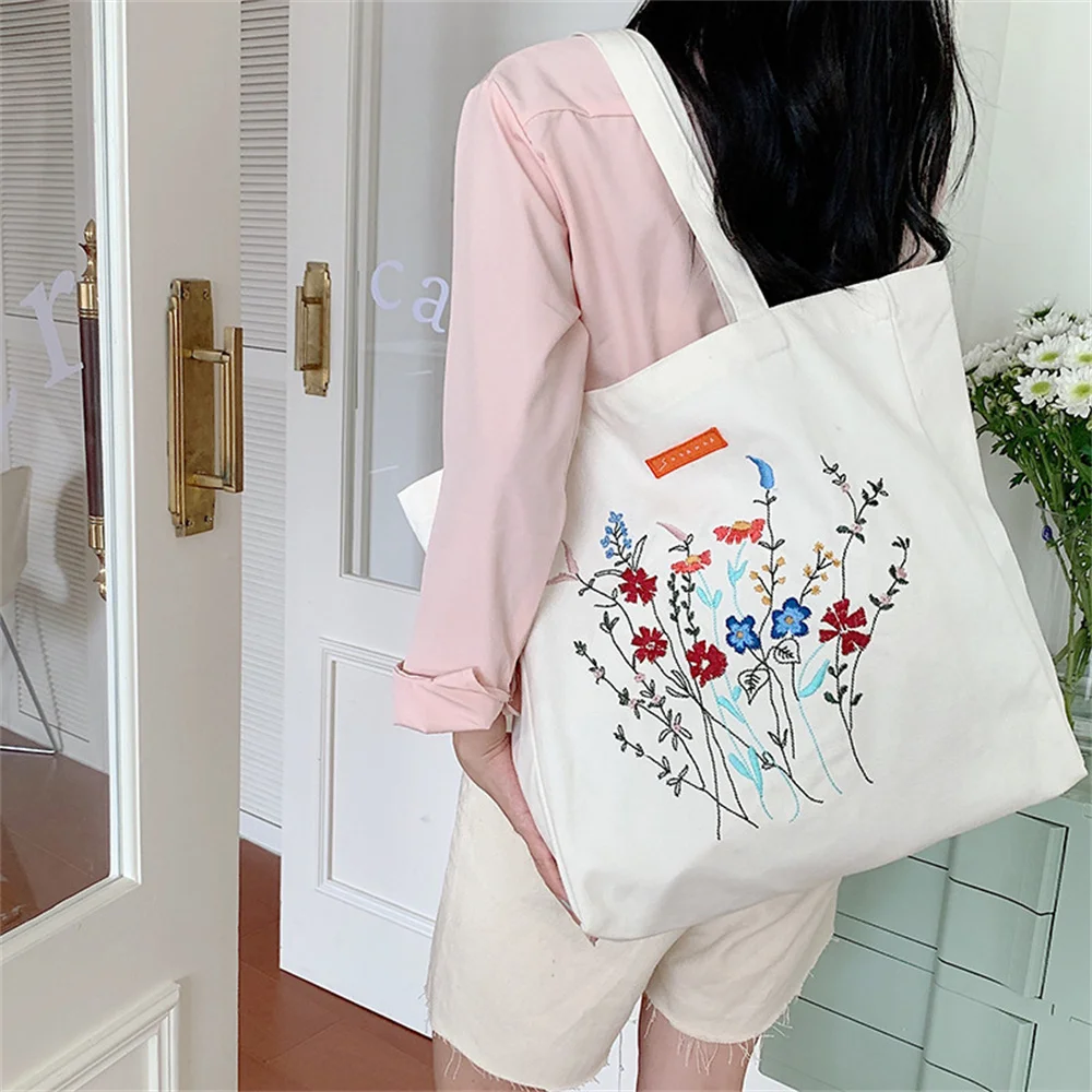 

Women Embroidered Floral Shoulder Bag Eco Shopper Bag Shoulder Bags Female Vintage Punk Gril Student Book Handbag Christmas Gift