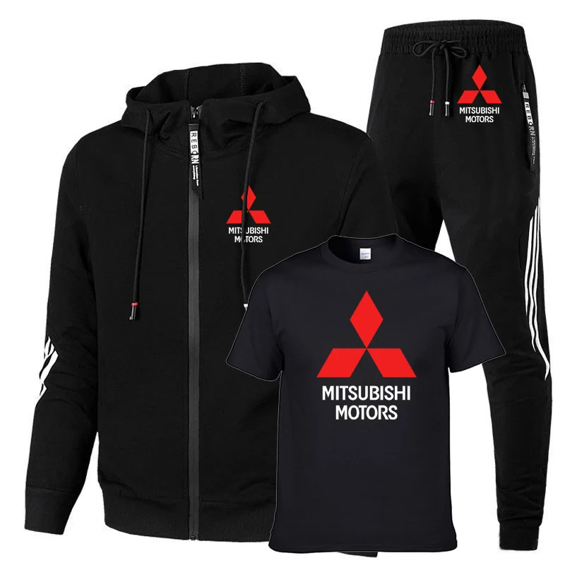 

Men's suits Mitsubishi Car Logo Printed Hoodie Spring Autumn high quality stripe cotton Men's sweatshirt+T-shirt+pants 3-piece