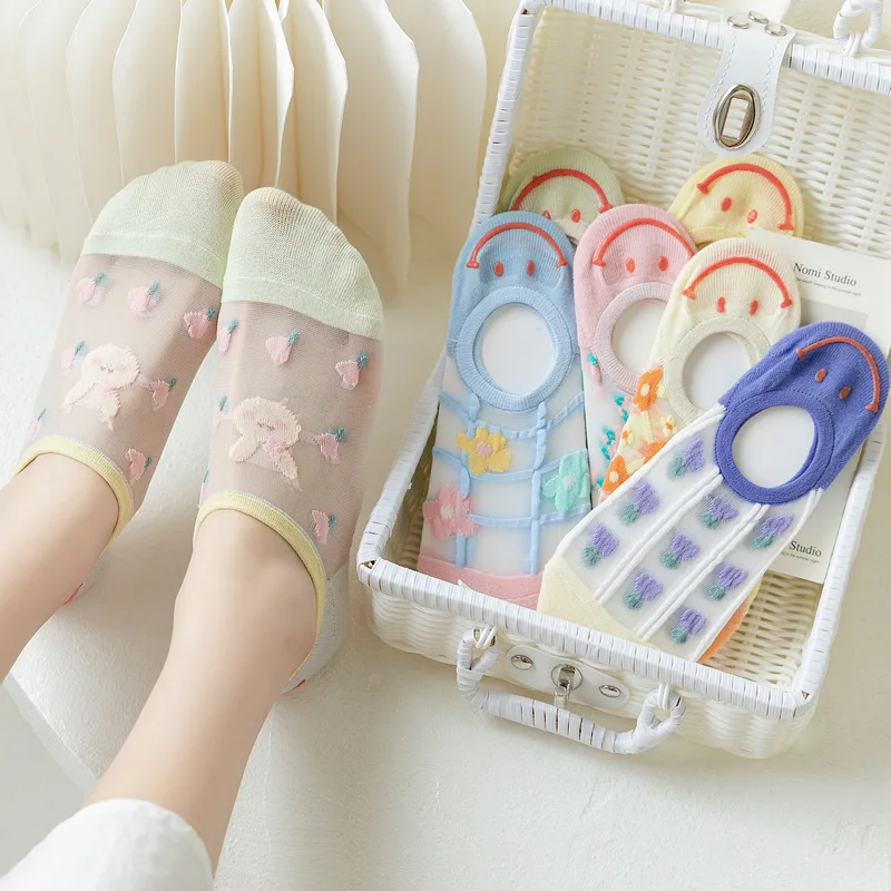 

3 Pairs Cute Boat Socks Women Summer Thin Fashion Jacquard Socks Crystal Silk Girls Breathable Smiley Invisible Low Cut Sock Lot