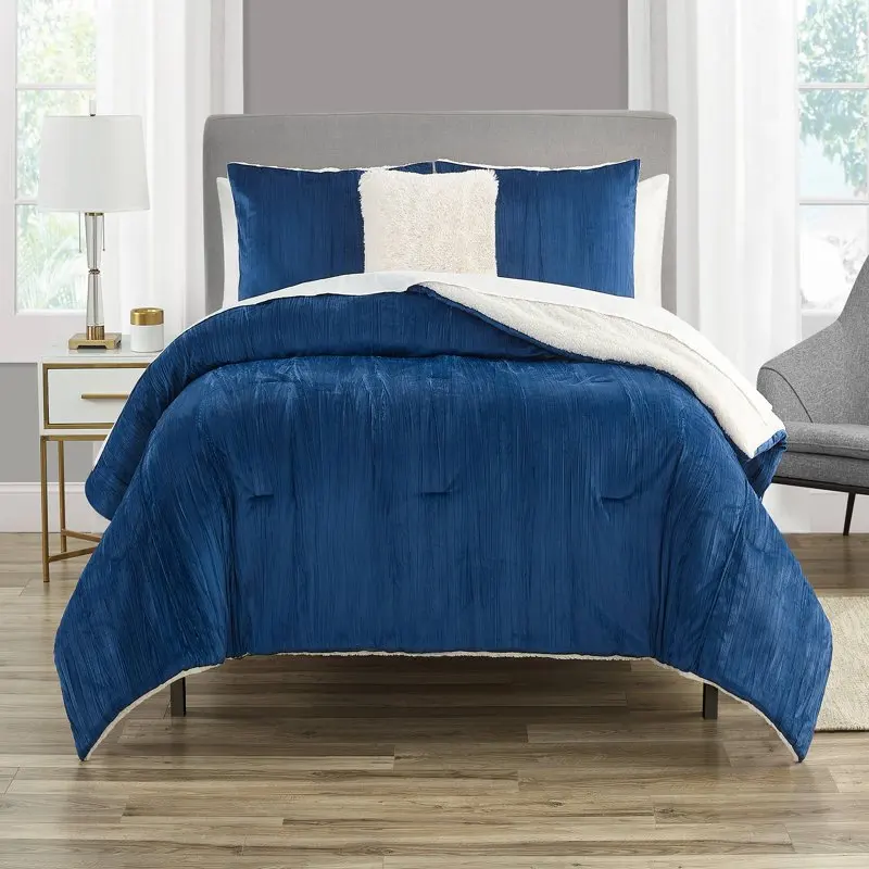 

Crushed Velvet 4 Piece Comforter Set, Full/Queen, Blue For Adults