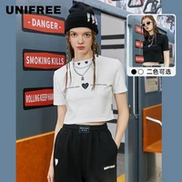unifree embroidery t shirt women white and black shirts fashion round neck short sleeve t shirt summer tees casual top
