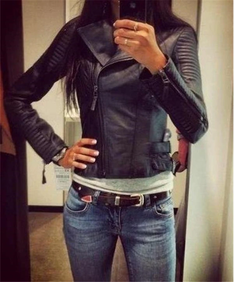 Ladies Leather Jackets 2021 PU Black Slim Moto Bikers Jacket Women Long Sleeved Zipper Punk Tops Autumn Outerwear Leather Coats