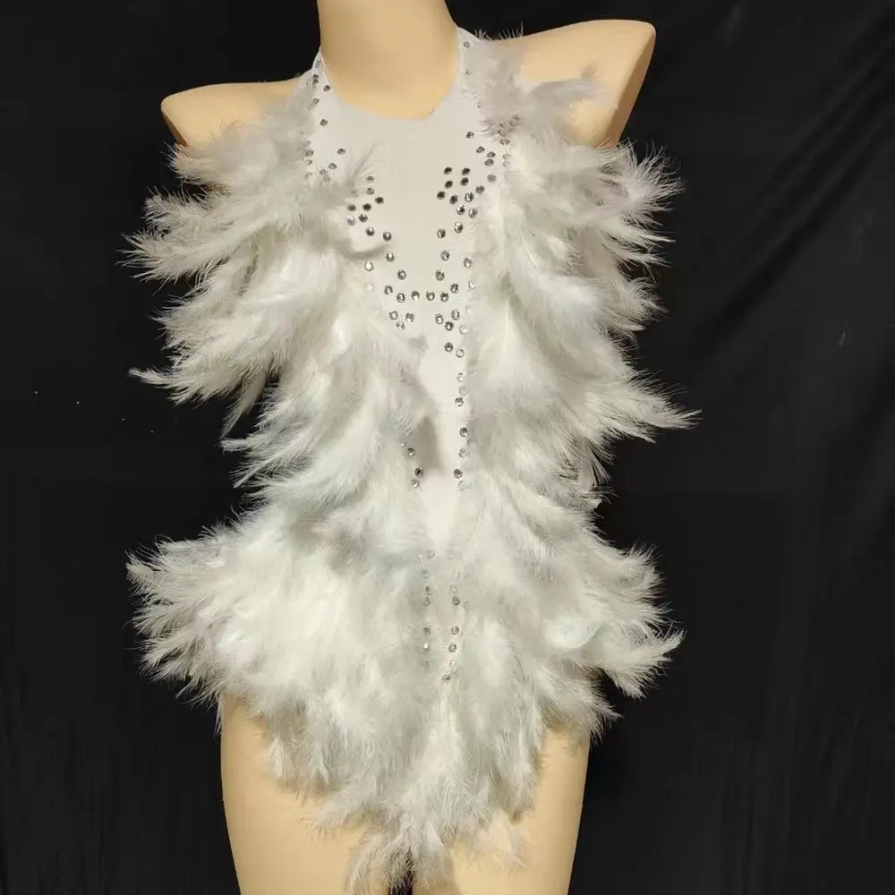 

Sexy Backless Sparkly Rhinestones Feathers Leotard Dance Costume Birthday Party Night Outfit Performance Show Stage Wear