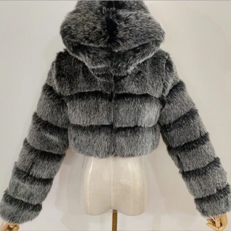 Lucyever Fashion Hooded Faux Fur Coat Women 2022 Winter High Quality Warm Blue Furry Overcoat Elegant Plush Crop Jacket Femme