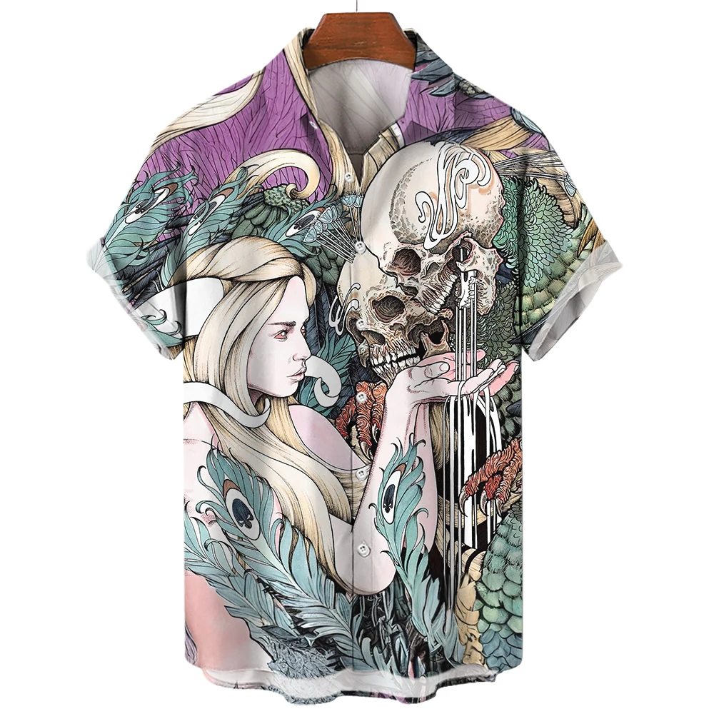 

Men's Shirt 3D Skull Print Short Sleeve Blouse Funny Beauty Graphic T shirts Summer Hip Hop Trend Streetwear Fashion Lapel Tops