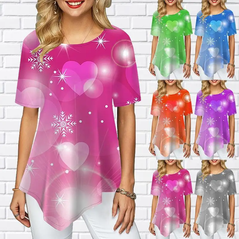 

Женские футболки больших размеров, женские футболки, Свободные повседневные топы с 3D-принтом снежинок, сердец, пазлов, женская летняя винтажная одежда неправильной формы