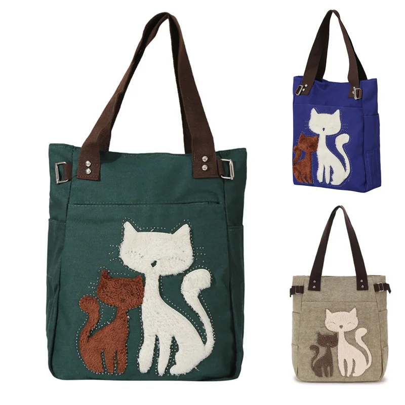 

Lovely Cute Cat Canvas Handbag For Girls Ladies Large Capacity Casual Bag Women Portable Solid Zipper Shoulder Bag