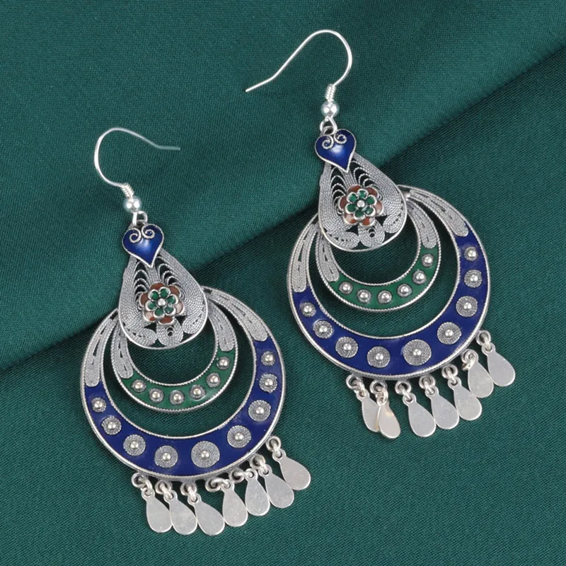 

925 Sterling Silver Enamel Flower Tassel Earrings Jewelry for Women Retro Ethnic Bohemian Round Hanging Earrings Wholesale EH154