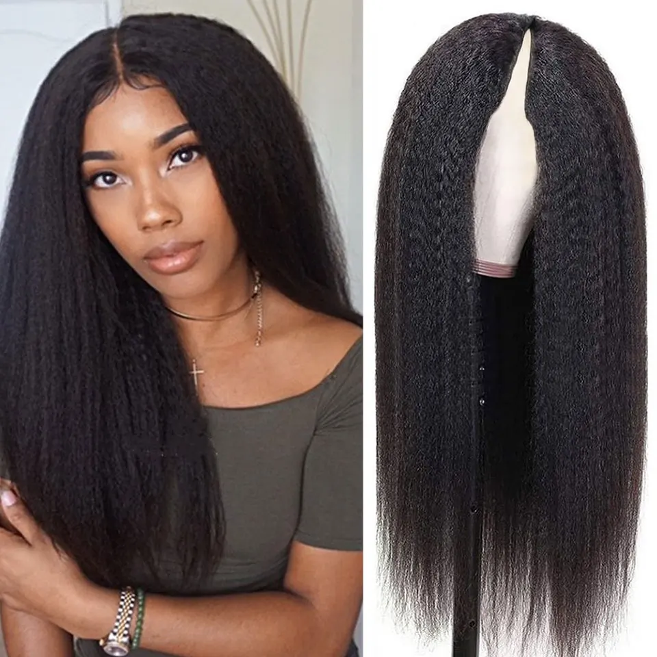 Kinky Straight U Part Wig European Remy Human Hair Wig 24 inch Long Glueless Jewish Natural Color Soft Wig For Black Women Daily