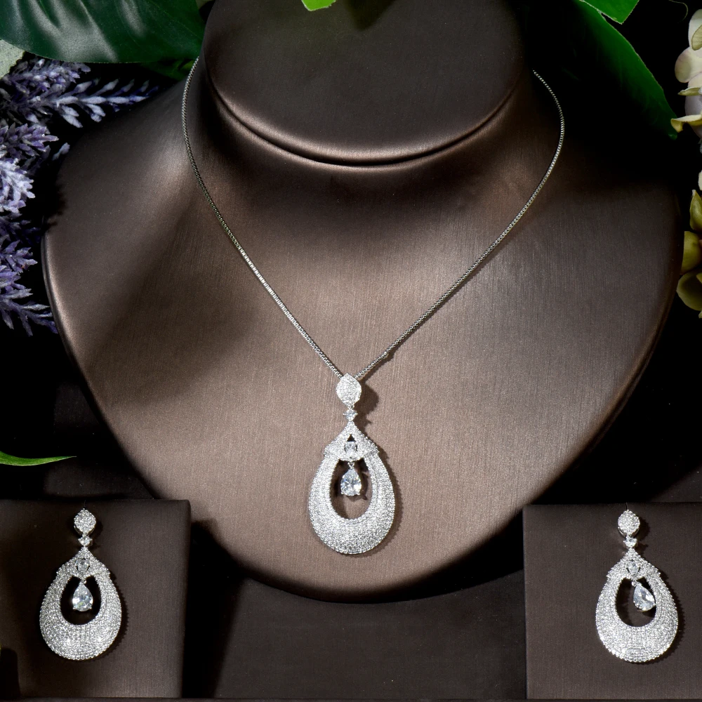 

Fashion Full Micro Cubic Zirconia Pave Women Jewelry Sets Water Drop Design CZ Necklace Set For Ladies Dress Accessories N-1673