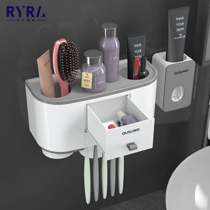 

Toothbrush Holder Double Automatic Toothpaste Dispenser Magnetic Adsorption Inverted Cup Storage Rack Bathroom Accessories