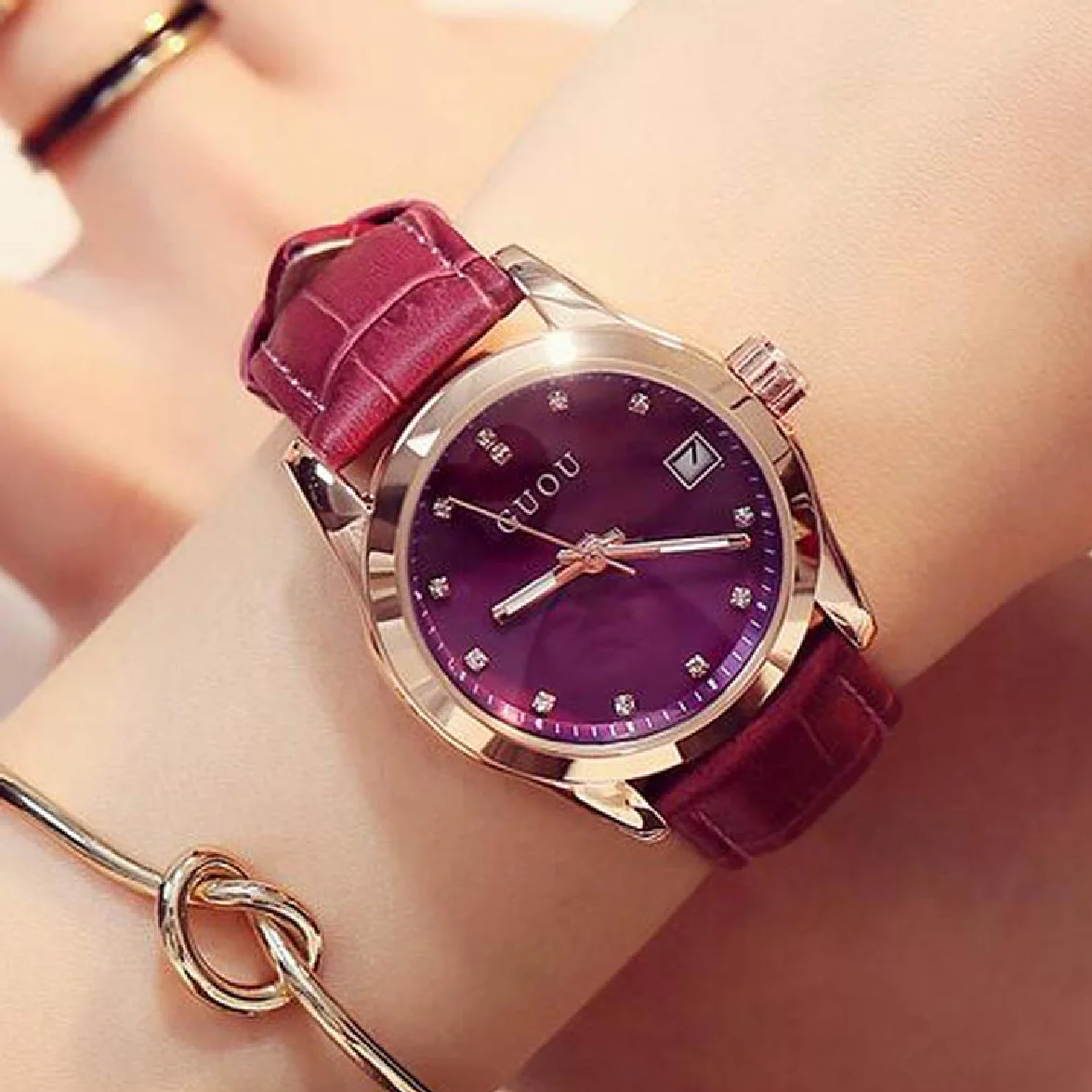 

Guou Luxury Brand Day Date Genuine Leather Strap Woman Casual Quartz Clocks Lady Calendar Watch Simple Wristwatch Relogio Female