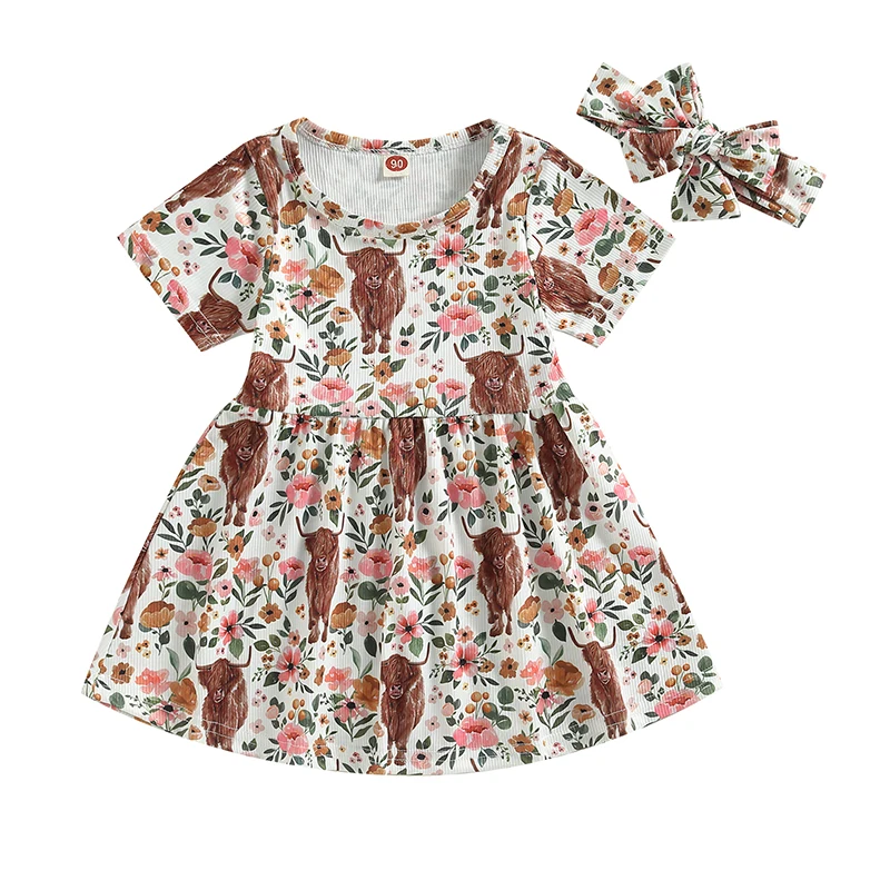 

Toddler Baby Girl Summer Clothes Round Collar Short Sleeve Floral Print A-line Dress Bowknot Headband Set Casual Outfits