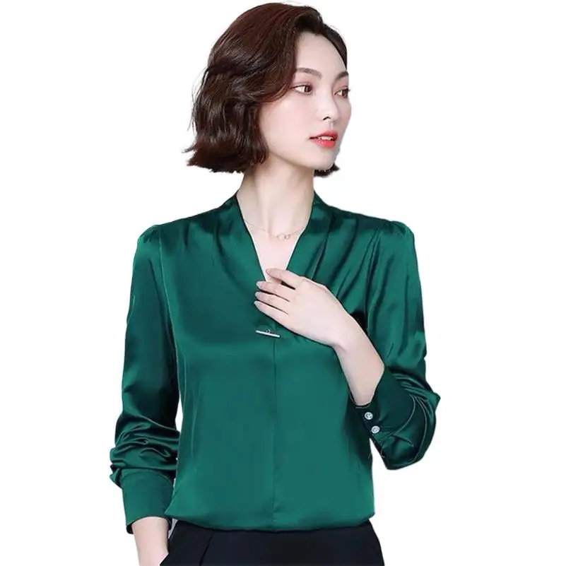 

2023 Spring Long Sleeve Loose Women Top Club Solid Ice Silk V Neck Women's T-Shirt Fashion Vintage Female Clothing