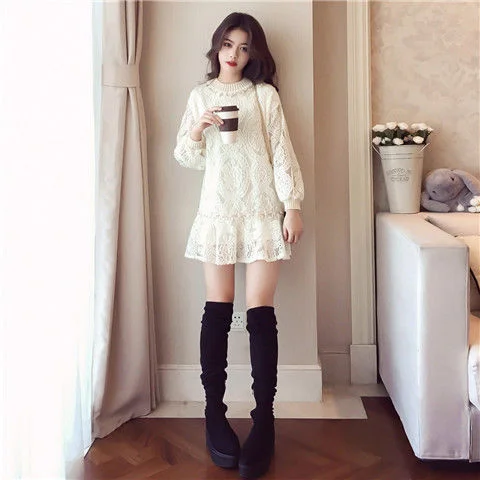 

Новинка Осень-зима 2022 Корейская версия кружевное бархатное платье с круглым вырезом и оборками короткая юбка женская одежда
