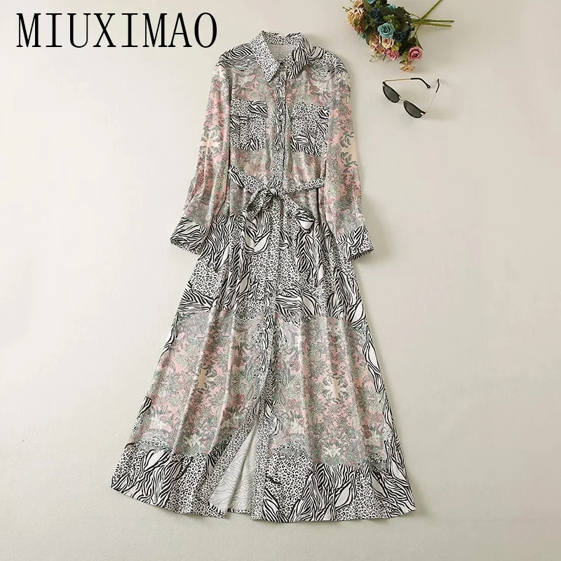 MIUXIMAO 2022 High Quality Autumn&Winter Elegant Dress Long Sleeve Lapel Print Single Breasted Fashion Long Dress Women Vestide