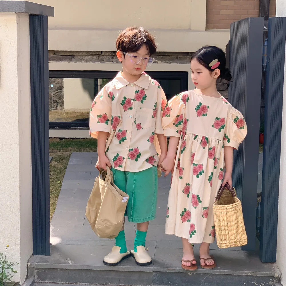 Children Clothing 2023 Spring Summer Boys and Girls Korean Style Loose Print Short Sleeve Shorts Suit Bubble Sleeve Girls Dress