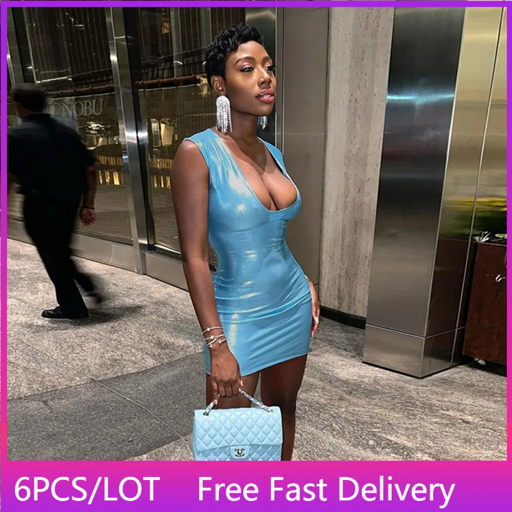 

6PCS Wholesale Items for Resale In Bulk Sexy Glitter Deep V Neck Dress Birthday Party Club Outfits 2022 Women Summer Mini Dress