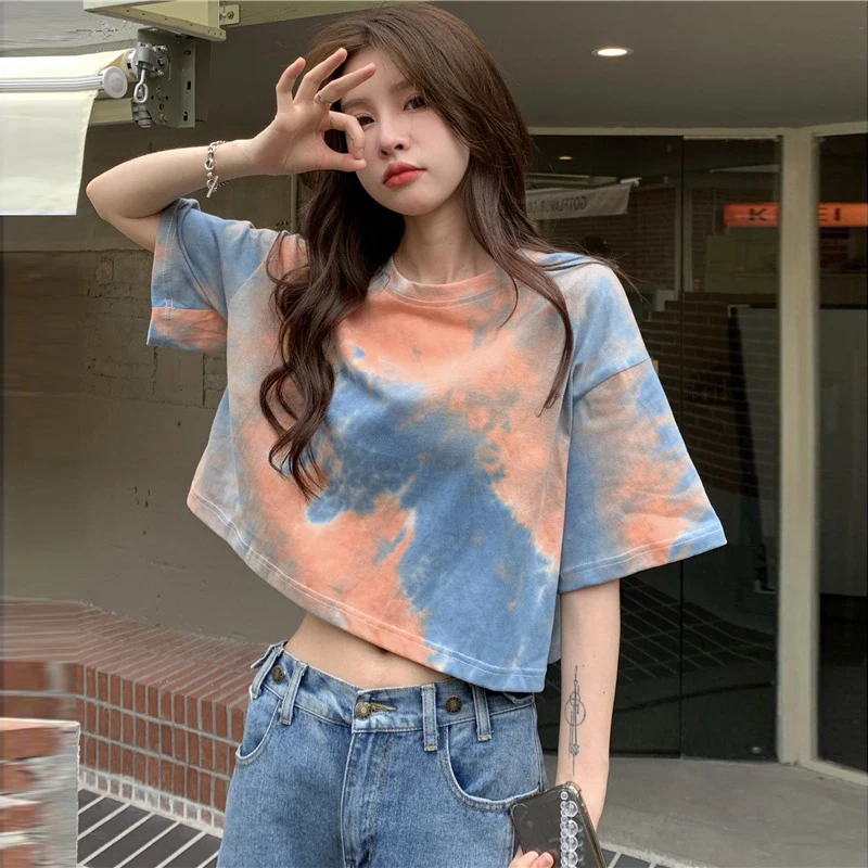 

Women T-shirts Pure Cotton Slim Tie Dye Hem O-neck Crop Tops Short Sleeve T-shirts for Women 2022 Summer Tops Female All Match